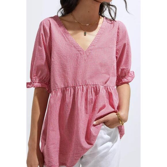 MAEVE by Anthropologie Red White Gingham Print Peplum tunic Top Size small - Picture 1 of 8